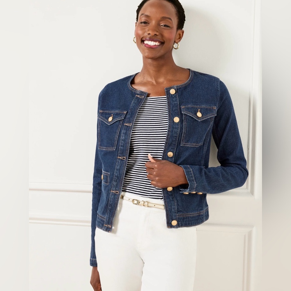 Talbots Button Cuff Jean Jacket Rinse Wash | Collarless Denim | Size Large - Picture 2 of 11